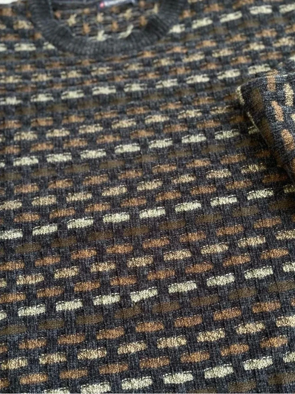 Knightsbridge 90s Soft Chenille Knit Black Grey Brown Checked Patterned Sweater